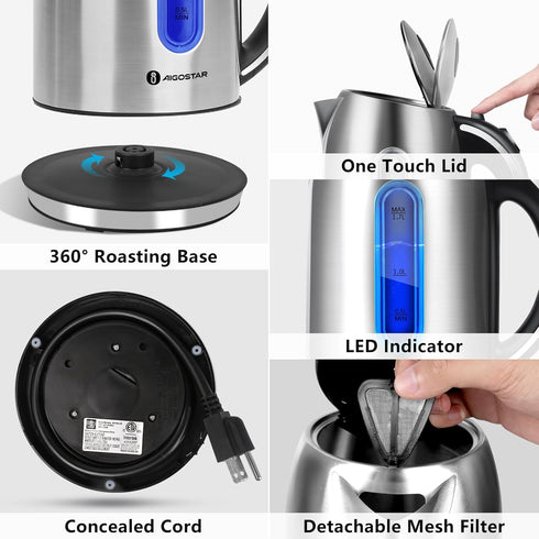 Aigostar Electric Kettle - 1.7L BPA Free Hot Water Kettle with LED Illumination, Auto-Shutoff & Boil-Dry Protection for