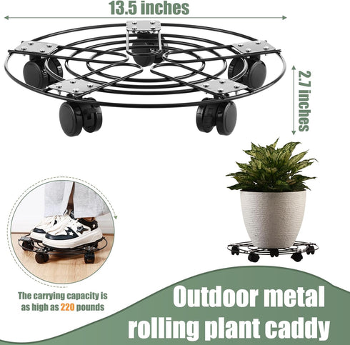 3 Packs 13.5" 5 Metal Plant Caddy with Wheels Large Wrought Iron Metal Rolling Plant Stands Heavy-duty Plant Roller Pot