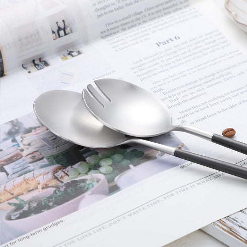 Salad Servers Spoon and Fork Set, 11.41 inch, 18/10 Stainless Steel with Titanium Plating (Black Silver)