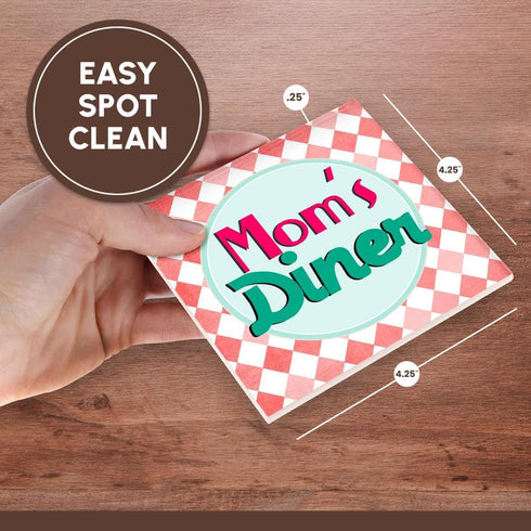 3dRose Moms Diner Sign on Red, Retro Hot Pink Turquoise Teal Blue, Set of 4 Coasters