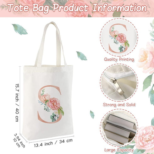 Sanwuta 2 Pcs Floral Letter Initial Canvas Tote Bags, Monogrammed Travel Cosmetic Bags for Woman Wedding Gift