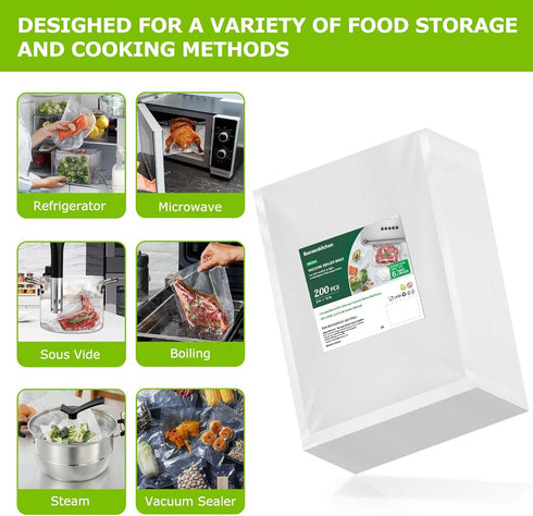 Bonsenkitchen Vacuum Food Sealer Bags, 200 Quart 8" x 12", BPA Free, Commercial Grade for Food Storage and Sous Vide