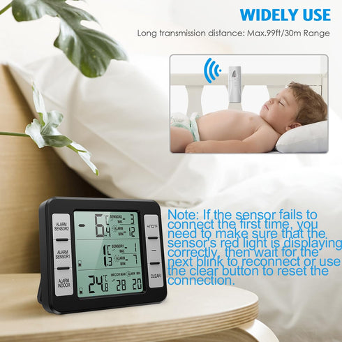 AMIR Refrigerator Thermometer, Wireless Indoor Outdoor Temperature Monitor with Audible Alarm (Battery not Included)