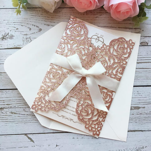 20PCS 5.12 x 7.28'' Laser Cut Wedding Invitations Cards with Envelopes, Hollow Rose Pocket with Bowknot for Bridal