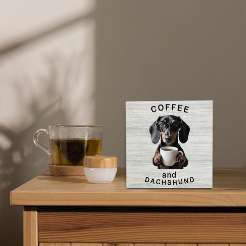 5x5 Inches,Gift Coffee Dachshund Desk Decor Wooden Signs,Funny Coffee Wooden Box Sign,Funny Office Desk Tabletop Shelf