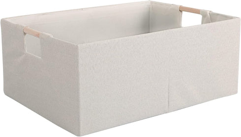 Fabric Storage Bin Box, Foldable Cotton Linen Basket with Wooden Handles, Large Rectangular Laundry Organizer.
