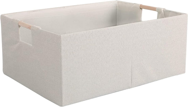 Fabric Storage Bin Box, Foldable Cotton Linen Basket with Wooden Handles, Large Rectangular Laundry Organizer.