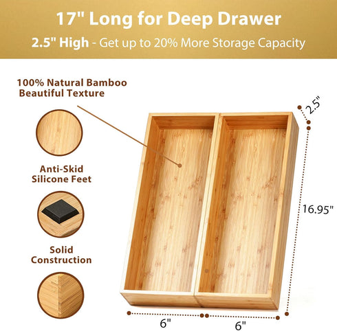 Umilife Bamboo Kitchen Utensils Organizer, Extra Long Flatware Cutlery Storage Box, Multi-Use Drawer Divider (Set of 2)