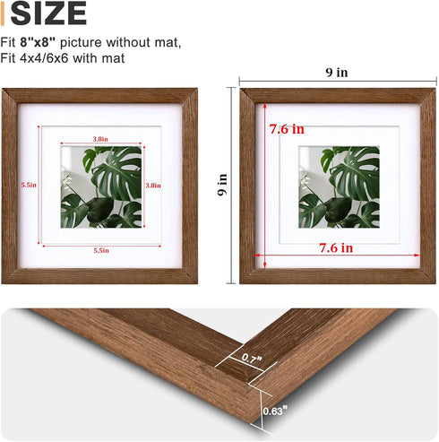8x8 4x4/6x6 8x8 Set 4 Egofine Picture Frame Made of Solid Wood with Plexiglass, Display Pictures with Mat or Without