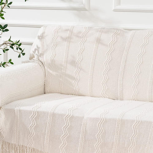 BATTILO HOME Boho Cream Throw Blanket for Couch, Decorative White Blanket Throw for Sofa Living Room, 50"x60"