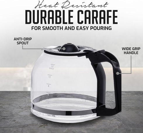 OVENTE 12-Cup Drip Coffee Maker with Borosilicate Glass Carafe, One-Touch Operation, Anti-Drip System, Black CM412B