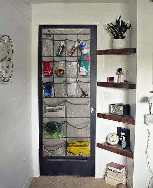 1 Pack Extra Large Hanging Crystal Clear Over Door Shoe Organizers,closet shoe organizer shoe rack organizer shoe storage,12+6Pockets,8Hooks,Grey 59"x 21.6" by TidyMaster
