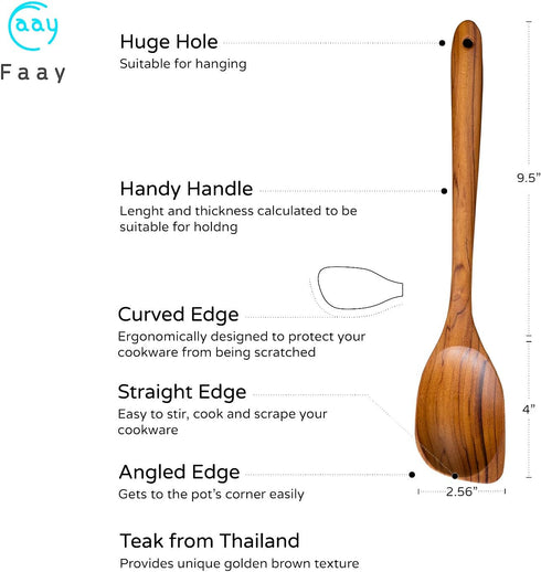 FAAY 13.5" Corner Spoon, LEFT Hand Scraper, Wooden Cooking Spoons from High Moist Resistance Golden Teak Wood