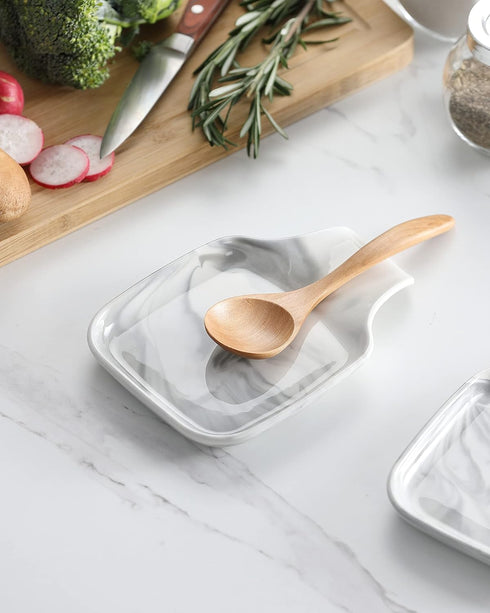 MALACASA Large Spoon Rest, Marble Grey Porcelain Holder for Kitchen Counter, Utensils Rests for Spatula, Ladle, Tongs