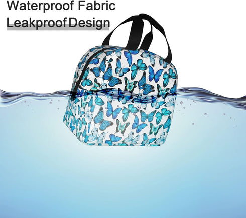 Insulated Lunch Bag Box for Women, Blue Butterfly Print Cooler Thermal Waterproof Tote Bag for Work & Picnic