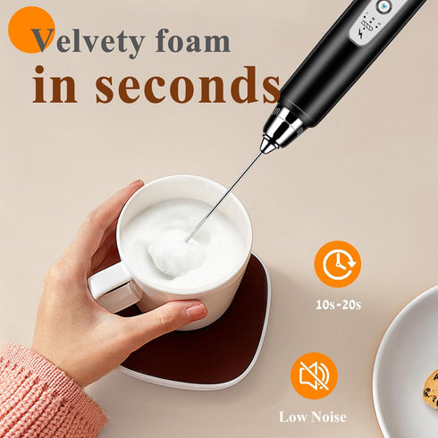 Handheld Rechargeable Milk Frother with Stand, Electric Whisk for Coffee, Detachable with 3 Stainless Whisks, Black