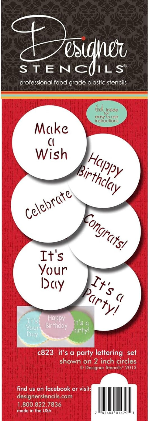 Designer Stencils It's a Party Cookie Stencil Set, Beige/Semi-Transparent (HAPPY BIRTHDAY - CONGRATS - IT'S A PARTY -