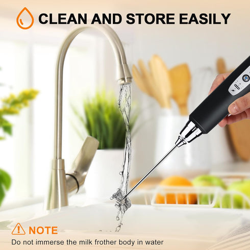 YUSWKO Black Handheld Milk Frother Wand, Rechargeable Electric Whisk with 3 Heads, 3 Speeds for Latte, Cappuccino, Egg