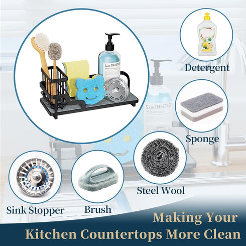 Counter Consumest Sponge Holder for Kitchen Sink - Sink Caddy Organizer with Water Absorbing Stone Tray, Detachable