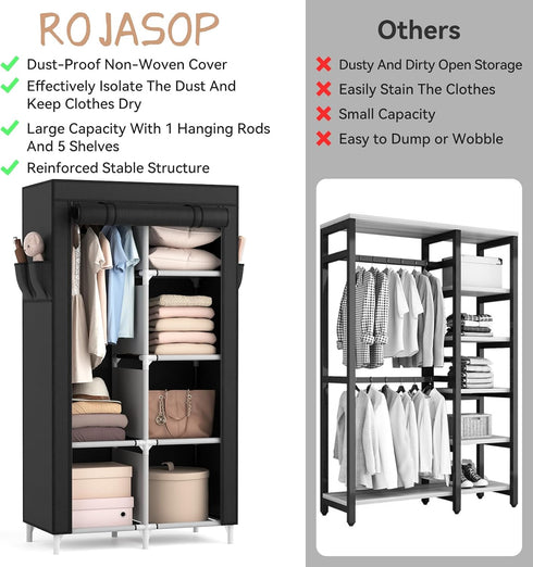 ROJASOP Portable Closet Wardrobe for Hanging Clothes, 6 Storage Shelves, 1 Hanging Rod, Free Standing Organizer