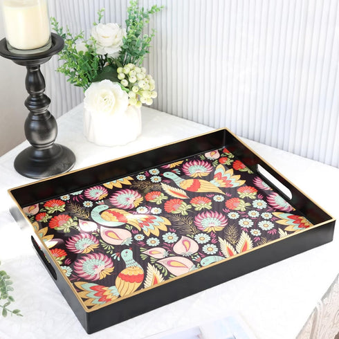 Counter Spsyrine Decorative Serving Tray with Handles, Black Lacquered Coffee Table Tray for Ottoman, Rectangle