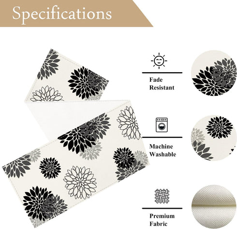 13 36 Inch Black Gray Table Runner Dahlia Pinnata Flower Beige Table Runners Modern Elegant Pompon Farmhouse Geometric