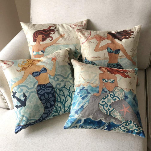 ULOVE LOVE YOURSELF Ocean Theme Throw Pillow Case - 4 Pack Cotton Linen Mermaid Square Cushion Covers 18 X 18 Inch
