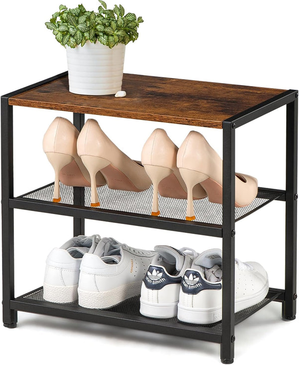 3-Tier Wooden Shoe Rack with Metal Mesh Shelves - for Entryway, Closet,