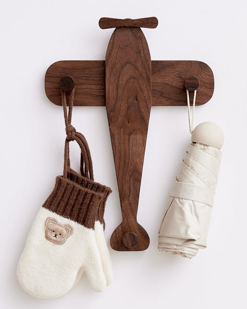 Vinoil Kids Coat Rack Wall Mount, Airplane-Shaped Wooden Wall Coat Hooks for Kids, Cute Walnut Coat Hanger Heavy Duty