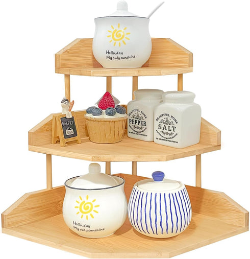 3-Tier HYNAWIN Bamboo Corner Desk Organizer Shelf, Triangle Storage Rack for Office & Home, Space-Saving Desktop Shelf