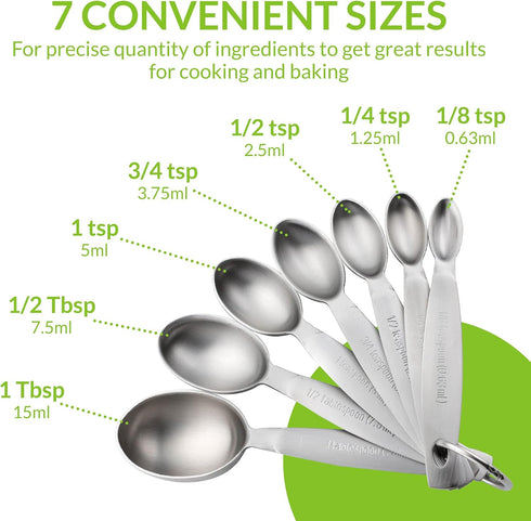 Spring Chef Stainless Steel Measuring Spoons Set of 7, Oval Metal Teaspoon & Tablespoon for Baking & Cooking