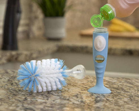 2 1 Nuby Easy Clean Dispensing Soft and Durable Bristle Bottle Brush with Textured Handles and Suction Base, in System