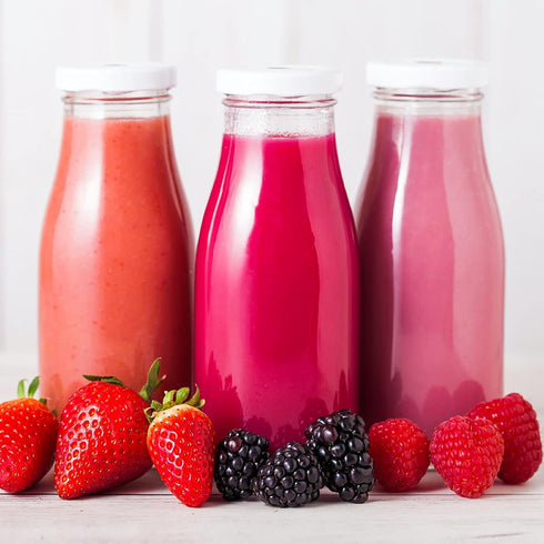 11oz Set 12 YEBODA Glass Milk Bottles with Reusable Metal Twist Lids and Straws for Beverage Glassware and Drinkware
