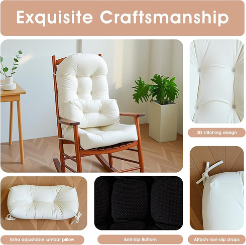 Set Rocking Chair Cushion Indoor Large Chair Pads with Ties Extra Lumbar Pillow Premium Dutch Velvet High Resilience