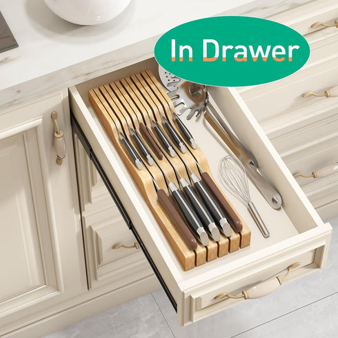 Bamboo Wood Drawer Knife Block Organizer, Protecting Knife Organizer