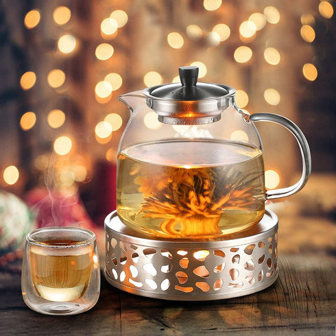 Stainless Steel Teapot Warmer, Metal Teapot Heater with Tealight Holder, Candle Base for Glass, Ceramic Teapot and