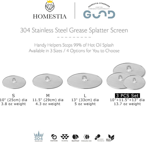 Homestia Grease Splatter Screen for Frying Pan Available in 10"/11.5"/13" with Fold Flat Knob Fine Mesh Cooking Splash Guard Skillet Splatter Shield Oil Catcher(3 pcs) by Homestia