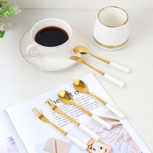6PCS Mini Dessert Spoons Set, Small Stainless Steel Gold Tea Spoons with Ceramic Jar Holder