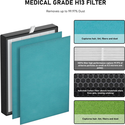 KJ203F True HEPA Replacement Filter for Colzer 142C, Mooka KJ203F, Elechomes KJ203F-142, 2 HEPA + 4 Pre-filter