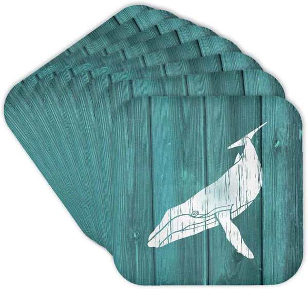 3dRose Humpback Whale Stencil - Soft Coasters Set of 8 in Faded White Paint Over Teal, Not Real Wood
