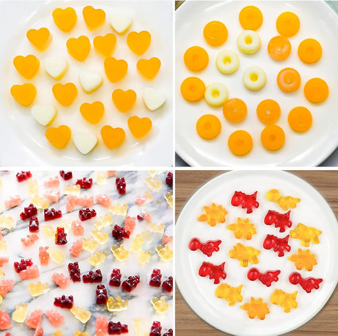 Gummy Bear Candy Molds Silicone Set of 4, Non-Stick Molds with 2 Droppers, Mini Dinosaur, Bear Shape, Hearts, Donut