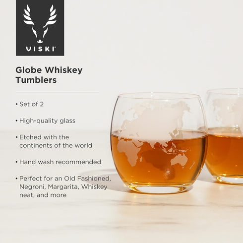 Set of 2 Viski Globe Glass Whiskey Tumblers, 10 oz, Etched Glass Whiskey Enthusiast Gift and Glassware Accessory