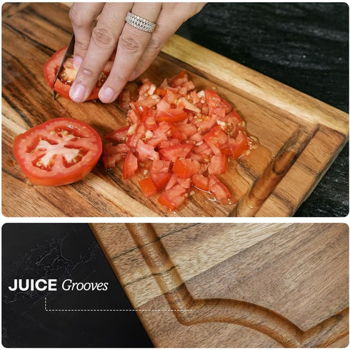 Set 3 Acacia Wood Cutting Board, Solid Wood Cutting Board of with holding stand and Deep Juice Grooves & Built