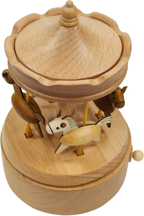 Briskfeel Wooden Carousel Music Box with Moving & Elevating Horses, Rotating Wind-Up Decor, Collectible Mechanical