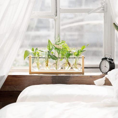 (5 Bulb Mkono Plant Terrarium with Wooden Stand, Wall Hanging Glass Planter Desktop Plant Propagation Vase with Metal