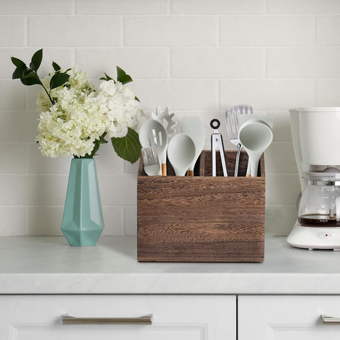 Wooden Kitchen Utensil Caddy with 2 Compartments, Rustic Holder for Kitchen Countertop, Wood Organizer Box