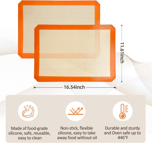 Silicone Baking Mat, Set of 2 Baking Pads Cookit Sheet, Non-Stick Oven-Bake Cover Runner for Making Macaroons, Cookies, Easy Clean & Reusable, 16.5 inch by 11.7 inch, Beige/Oragne, 4mm