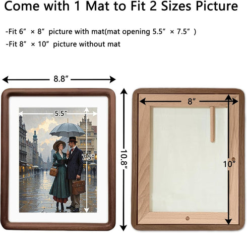 RRQKMBO 8x10 6x8,Rounded Natural Dark Walnut Solid Wood Picture Frames, Hand Make Crafted Original Wood Frame with Mat