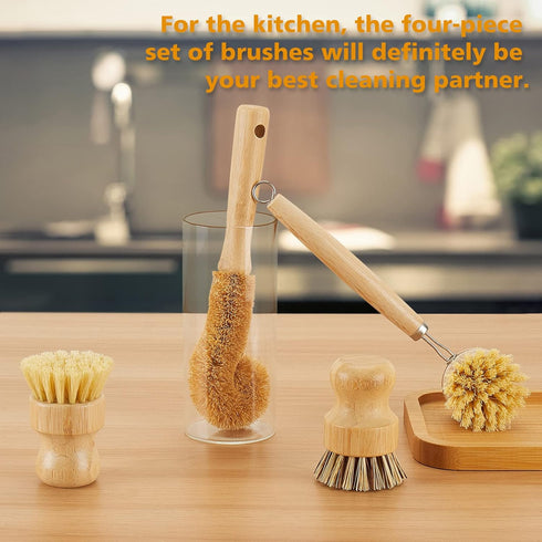 Bamboo Dish Brushes Sets, 4 Tools in One Kitchen Clean Dish Scrubber for Pots, Pans, Bottles with Natural Bristles