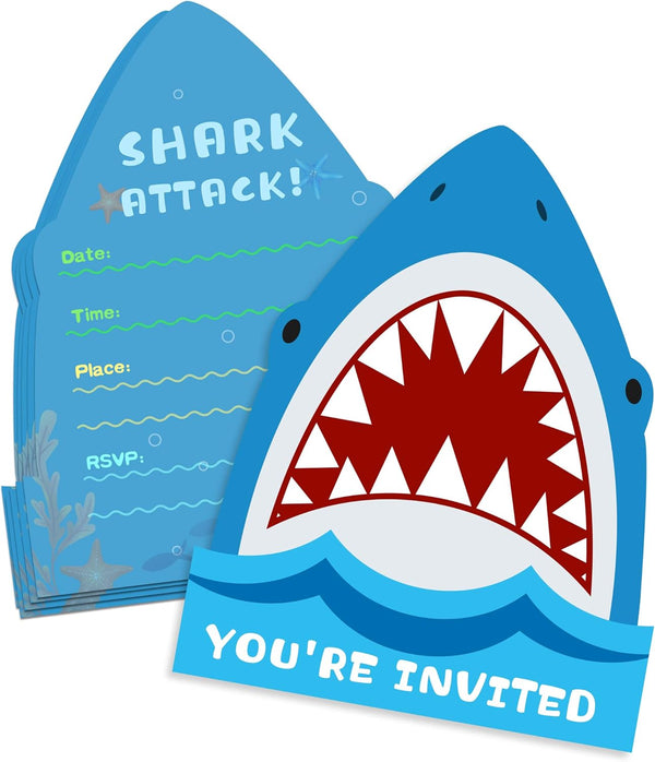 Yangmics Direct 25 Pack Shark Birthday Party Invitations with Envelopes, Double Sided Fill-In